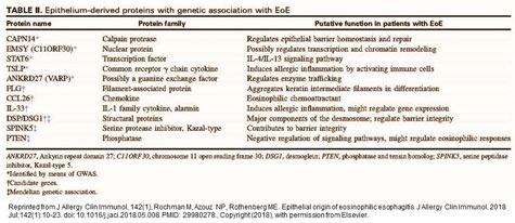 Epithelium-derived proteins with genetic association with eosinophilic esophagitis (EoE).